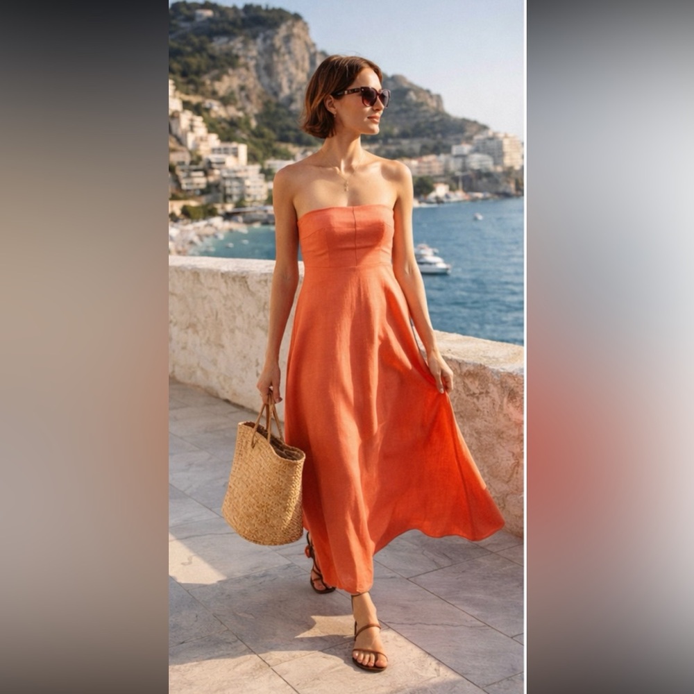 NWT BONDI BORN Montenegro Strapless Linen Blend Maxi Dress in Papaya Size XS